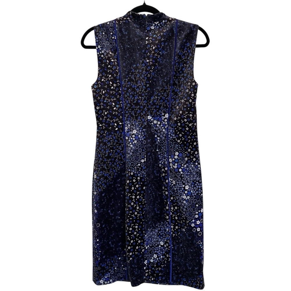 Elie Tahari Arabella Sheath Dress 4 Blue Black Floral Velvet Trim - Picture 2 of 8